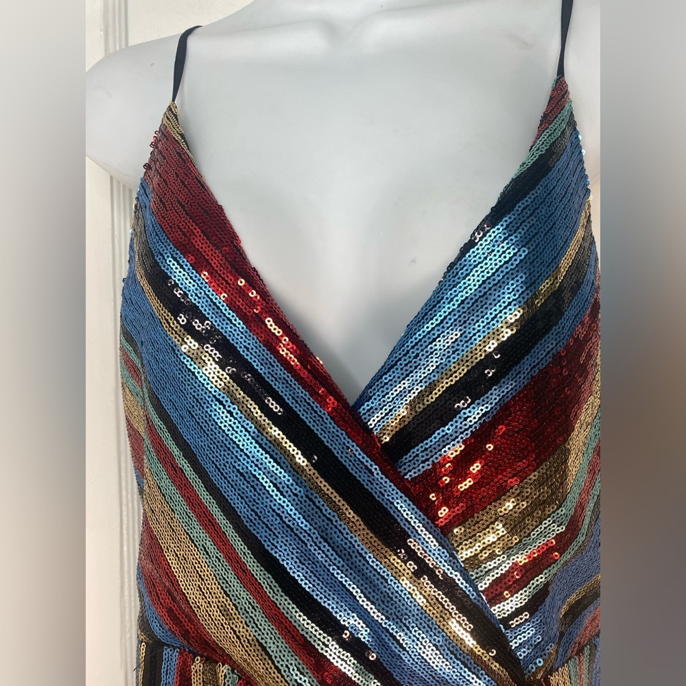 VICI Striped Multicolor Women's Sequin Wrap Midi Sleeveless Dress - Picture 4 of 9